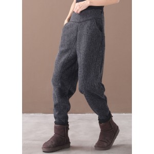 French Grey Pockets Patchwork Warm Fleece Pants Winter