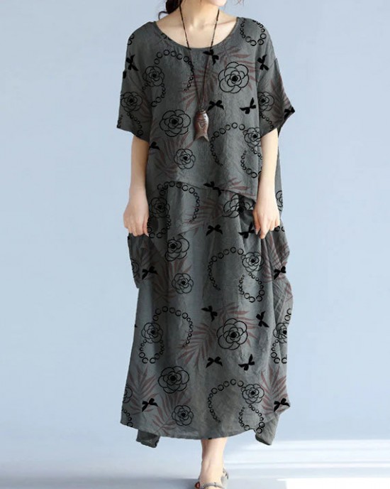 baggy gray long linen dresses oversized layered cotton maxi dress vintage short sleeve cotton clothing baggy gray long linen dresses oversized layered cotton maxi dress vintage short sleeve cotton clothing