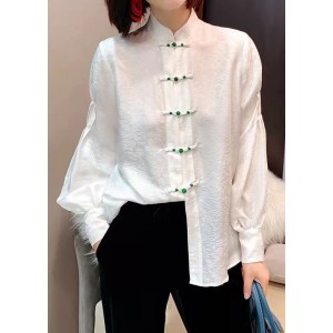 Chinese Style White Stand Collar Button Jacquard Silk Blouse Tops lantern sleeve