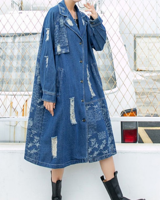 Beautiful Blue PeterPan Collar Button Pockets Print Hole Fall Long sleeve Trench Coat Beautiful Blue PeterPan Collar Button Pockets Print Hole Fall Long sleeve Trench Coat