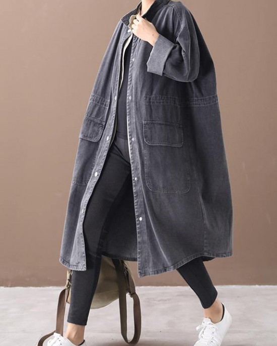 Simple stand collar drawstring Fashion tunic coat denim black Midi women coats Simple stand collar drawstring Fashion tunic coat denim black Midi women coats