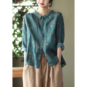 Retro Peacock Green Peter Pan Collar Print Button Wrinkled Shirts Long Sleeve
