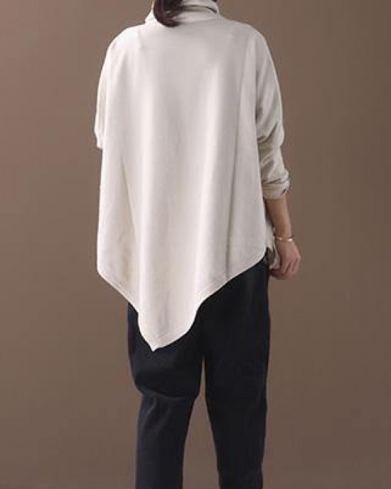 DIY asymmetric hem cotton high neck blouses for women Fabrics beige white tops DIY asymmetric hem cotton high neck blouses for women Fabrics beige white tops
