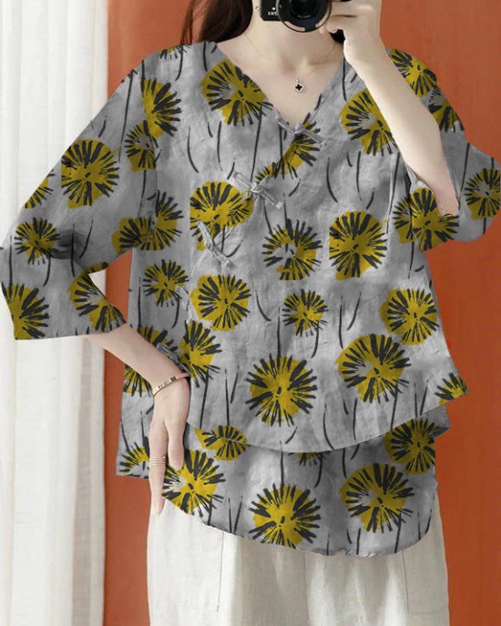 Beautiful Purple Asymmetrical Print cotton blend Blouses Half Sleeve