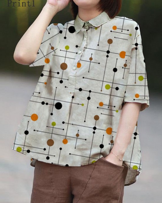 Vintage Beige Peter Pan Collar Print Summer Linen Blouses Half Sleeve Vintage Beige Peter Pan Collar Print Summer Linen Blouses Half Sleeve