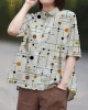 Vintage Beige Peter Pan Collar Print Summer Linen Blouses Half Sleeve Vintage Beige Peter Pan Collar Print Summer Linen Blouses Half Sleeve