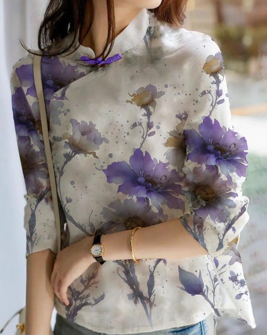 Unique Beige Print Linen Blouses Spring Unique Beige Print Linen Blouses Spring