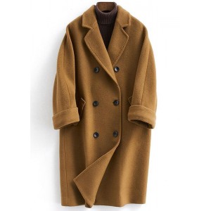 vintage plus size long double breast coats brown Notched woolen outwear