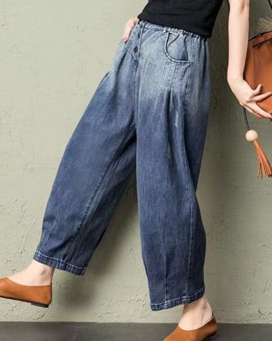 Classy Blue Pockets Loose Harem Fall Denim Pants Classy Blue Pockets Loose Harem Fall Denim Pants