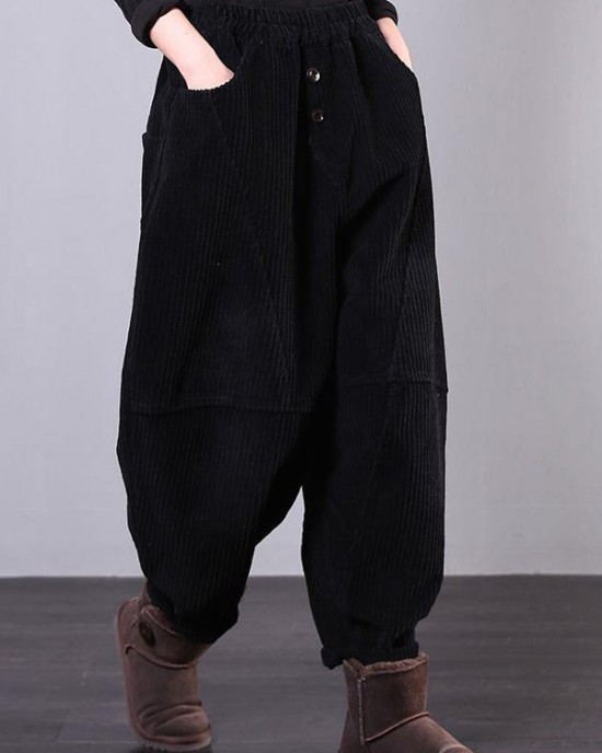 Unique black trousers oversized fall Corduroy pockets Cotton women trousers Unique black trousers oversized fall Corduroy pockets Cotton women trousers