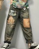 Women Cat Embroidery Patchwork Mid Waist Loose Denim Harem Jeans Women Cat Embroidery Patchwork Mid Waist Loose Denim Harem Jeans
