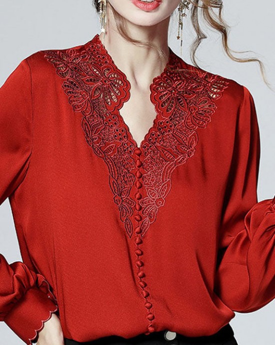 Elegant Red V Neck button Embroideried Patchwork Silk Shirt Top Spring Elegant Red V Neck button Embroideried Patchwork Silk Shirt Top Spring