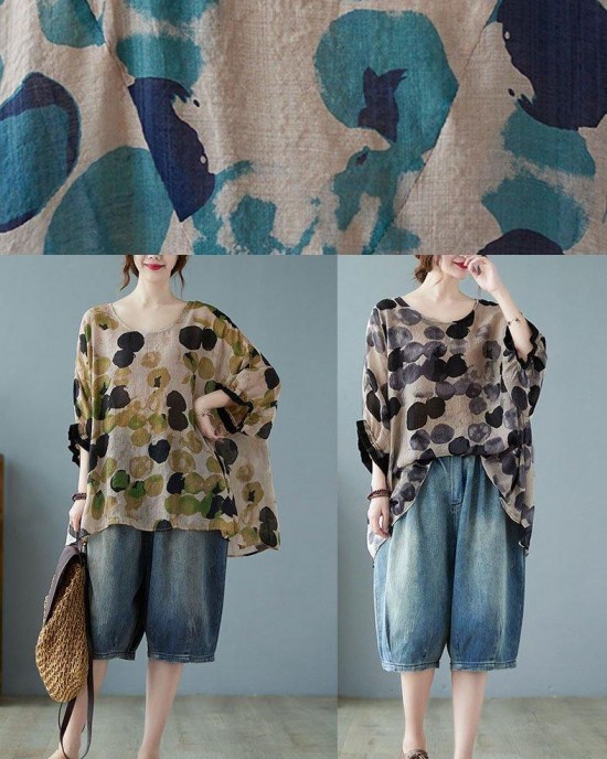 Loose Blue Dotted Batwing Sleeve Cotton Linen Tee Loose Blue Dotted Batwing Sleeve Cotton Linen Tee