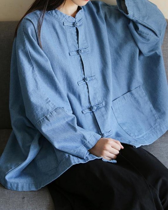Loose stand collar Chinese Button clothes For Women Sleeve denim light blue shirts Loose stand collar Chinese Button clothes For Women Sleeve denim light blue shirts