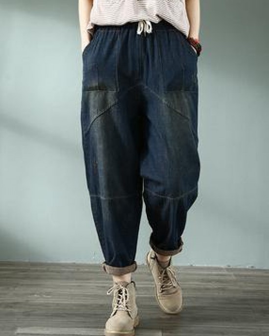 Spring nine points cross pants denim harem pants female elastic waist retro loose trousers Spring nine points cross pants denim harem pants female elastic waist retro loose trousers