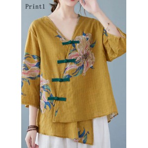 Yellow Button Shirt Tops Asymmetrical Half Sleeve