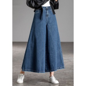 Bohemian Blue High Waist Pockets Wide Leg Fall Denim Pants