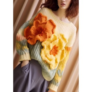 Unique Apricot Floral  Cozy Cotton Knit Sweaters Long Sleeve