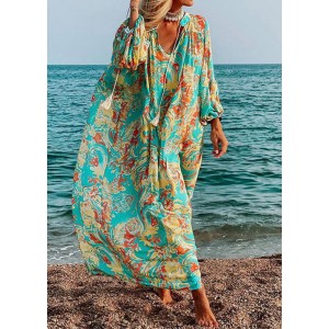 Women Green Oversized Print Cotton Loose Beach Dresses Long Sleeve