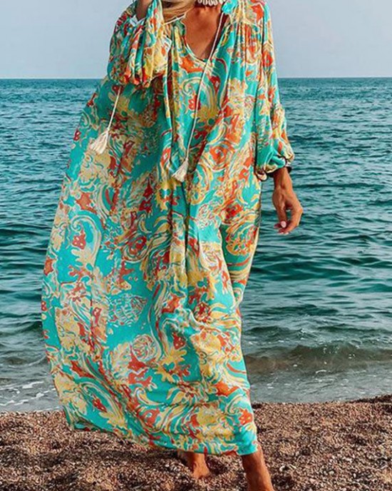 Women Green Oversized Print Cotton Loose Beach Dresses Long Sleeve Women Green Oversized Print Cotton Loose Beach Dresses Long Sleeve