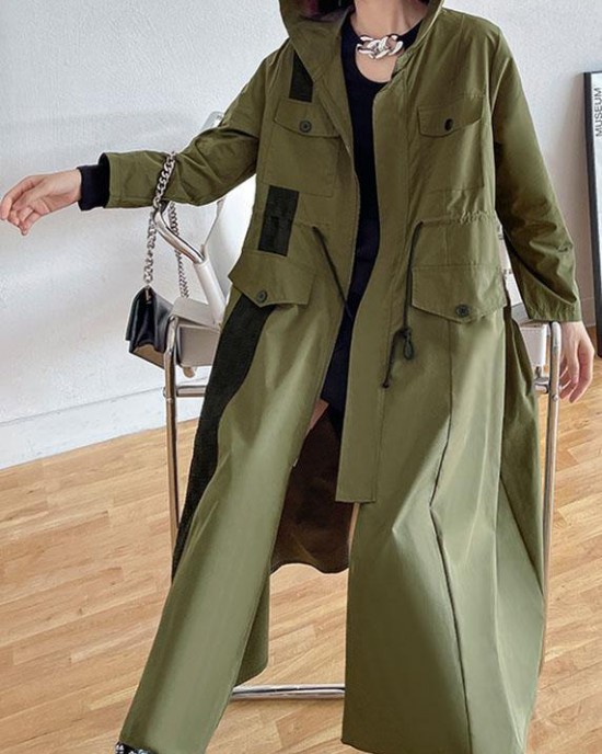 Chic Army Green Pockets Patchwork Button Zippered Fall Tie Waist Hooded Coat Long Sleeve Chic Army Green Pockets Patchwork Button Zippered Fall Tie Waist Hooded Coat Long Sleeve