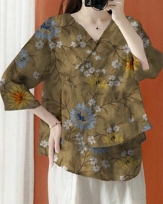 Beautiful Purple Asymmetrical Print cotton blend Blouses Half Sleeve
