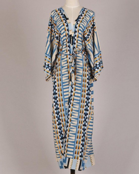 Bohemian Blue Geometric Print Long sleeve kimono robe Mid Summer Cotton