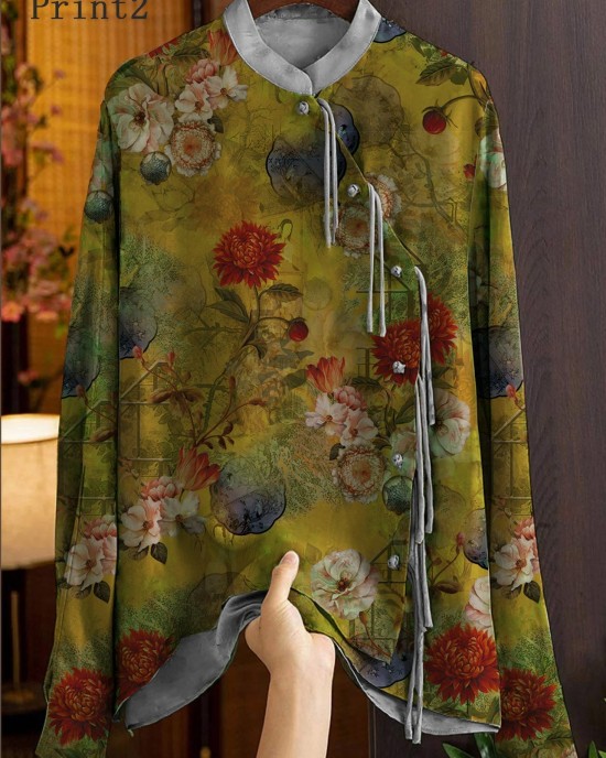 Beautiful Green Mandarin Collar Button Print Silk Shirt Top Spring Beautiful Green Mandarin Collar Button Print Silk Shirt Top Spring