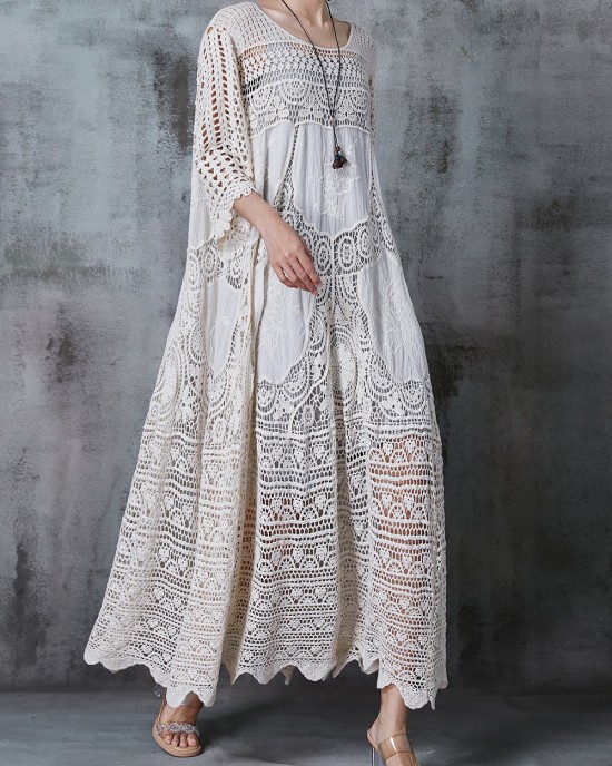 Women White Oversized Hollow Out Lace Long Dress Summer Women White Oversized Hollow Out Lace Long Dress Summer