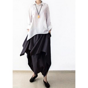 2025 early fall navy linen crop pants wide leg cotton pants asymmetric design
