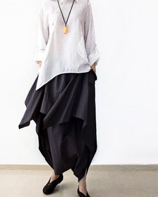 2025 early fall navy linen crop pants wide leg cotton pants asymmetric design