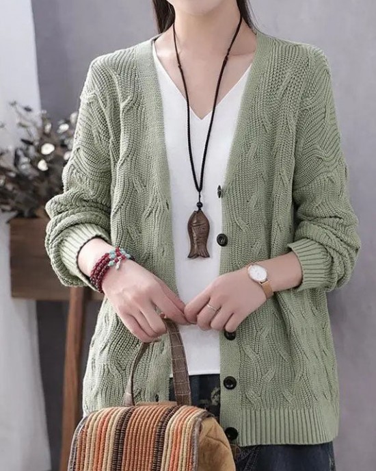 Art Blue V Neck Button Casual Fall Knit Sweater Coat