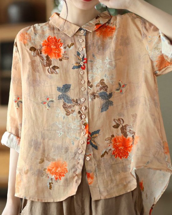 Simple Orange Peter Pan Collar Print Button Cotton Blouse Tops Long Sleeve Simple Orange Peter Pan Collar Print Button Cotton Blouse Tops Long Sleeve