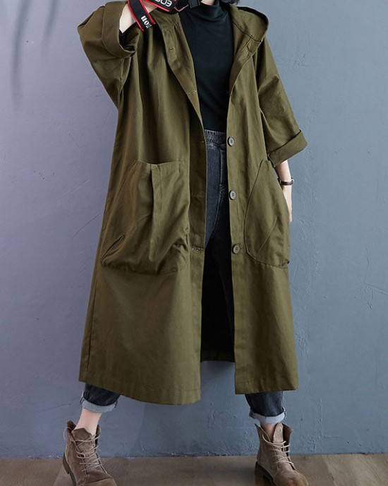 Elegant Army Green Pockets Button Fall Hooded Long sleeve Trench Coats Elegant Army Green Pockets Button Fall Hooded Long sleeve Trench Coats