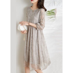 Fashion Light Grey Cinched Embroideried Chiffon Vacation Dresses Three Quarter sleeve