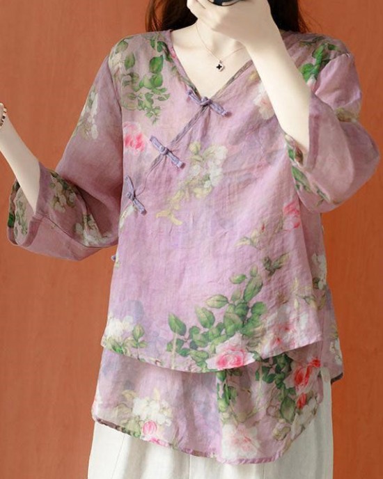 Beautiful Purple Asymmetrical Print cotton blend Blouses Half Sleeve