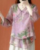 Beautiful Purple Asymmetrical Print cotton blend Blouses Half Sleeve