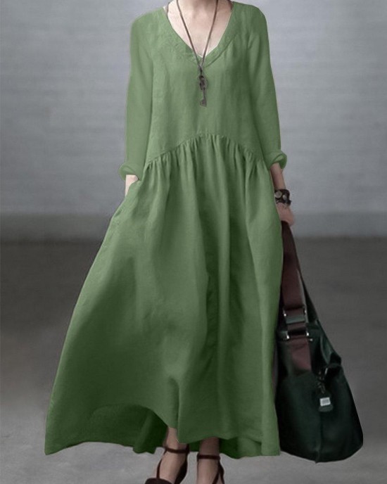 Simple and Loose V-neck Cotton and Linen Dress Simple and Loose V-neck Cotton and Linen Dress