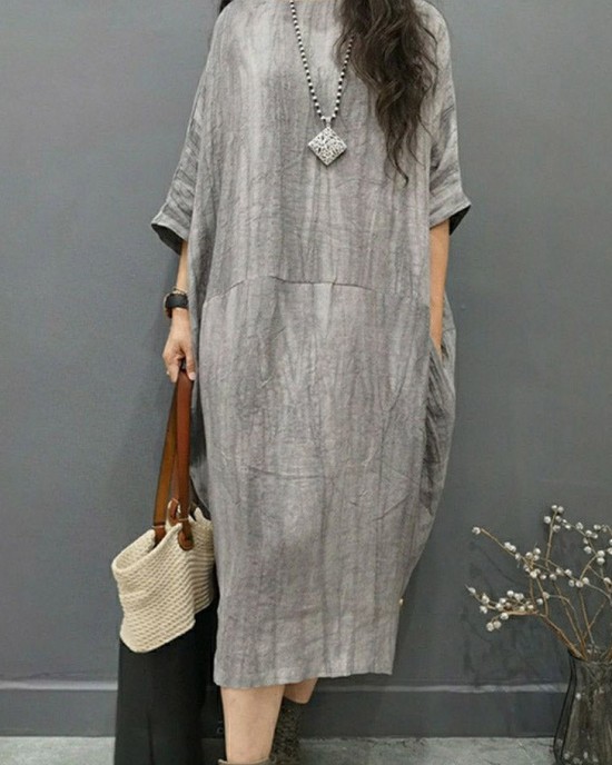Beautiful Grey O-Neck Wrinkled Side Open Linen Long Dress Batwing Sleeve
