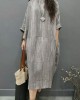 Beautiful Grey O-Neck Wrinkled Side Open Linen Long Dress Batwing Sleeve