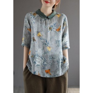 Grass Green Turn-down Collar Print Summer Shirt Half Sleeve