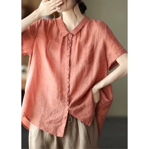 Plus Size Orange Peter Pan Collar Pockets Patchwork Ramie Cardigan