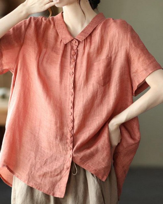 Plus Size Orange Peter Pan Collar Pockets Patchwork Ramie Cardigan Plus Size Orange Peter Pan Collar Pockets Patchwork Ramie Cardigan