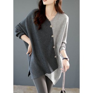Casual Grey Asymmetrical Patchwork Knit Shirt Winter