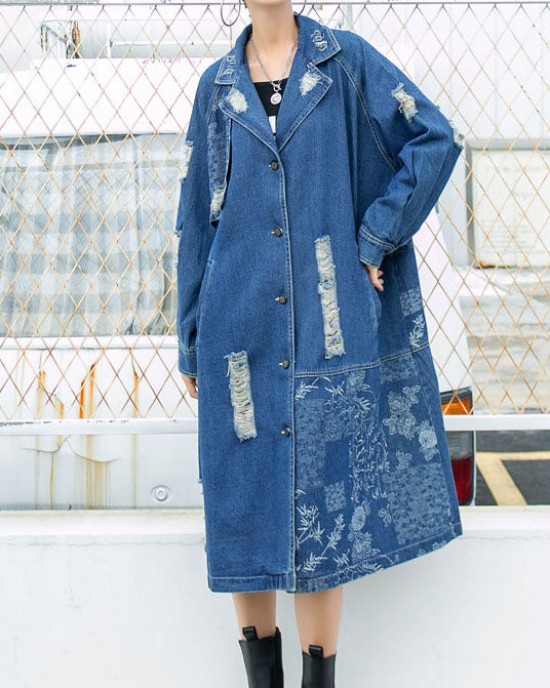 Beautiful Blue PeterPan Collar Button Pockets Print Hole Fall Long sleeve Trench Coat Beautiful Blue PeterPan Collar Button Pockets Print Hole Fall Long sleeve Trench Coat