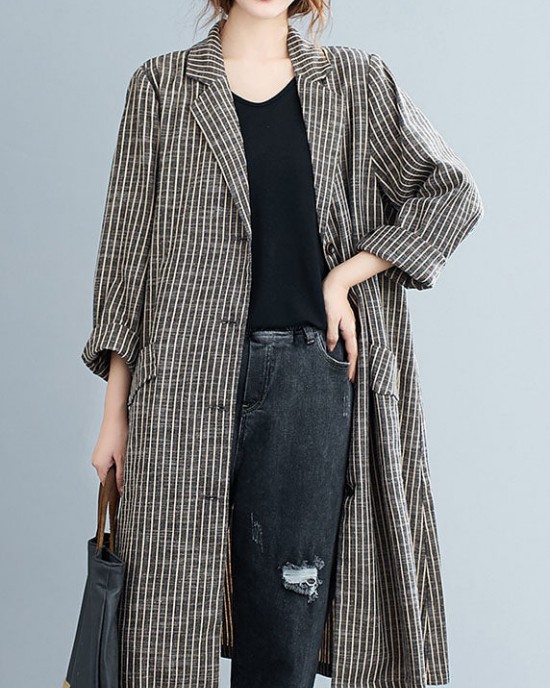 Plus Size Khaki PeterPan Collar Button Pockets Striped Fall Long sleeve Trench coats Plus Size Khaki PeterPan Collar Button Pockets Striped Fall Long sleeve Trench coats