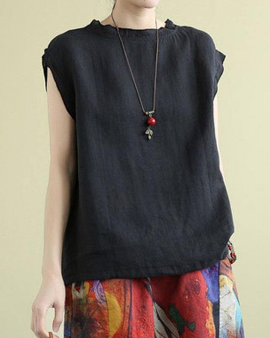 Stylish Green O-Neck Sleeveless Linen Summer Tops Stylish Green O-Neck Sleeveless Linen Summer Tops