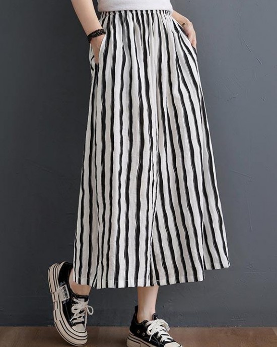 Plus Size Black White Striped Wide Leg Pants Summer Cotton Plus Size Black White Striped Wide Leg Pants Summer Cotton