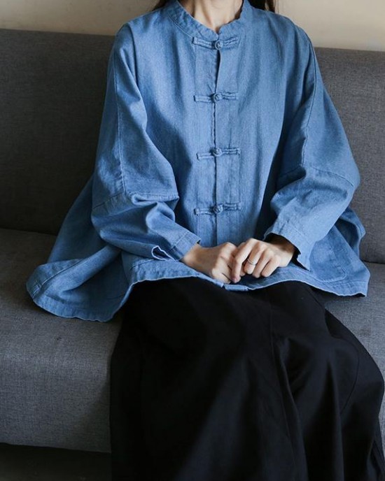 Loose stand collar Chinese Button clothes For Women Sleeve denim light blue shirts Loose stand collar Chinese Button clothes For Women Sleeve denim light blue shirts