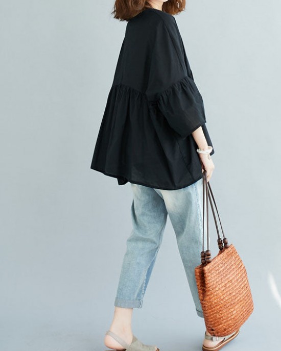 Black V Neck Patchwork Asymmetrical Design Fall Top Three Quarter sleeve Black V Neck Patchwork Asymmetrical Design Fall Top Three Quarter sleeve